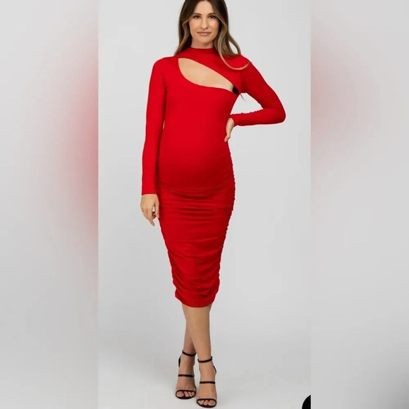 Maternity Red Fitted Ruched Cutout Neclkine - Picture 2 of 8